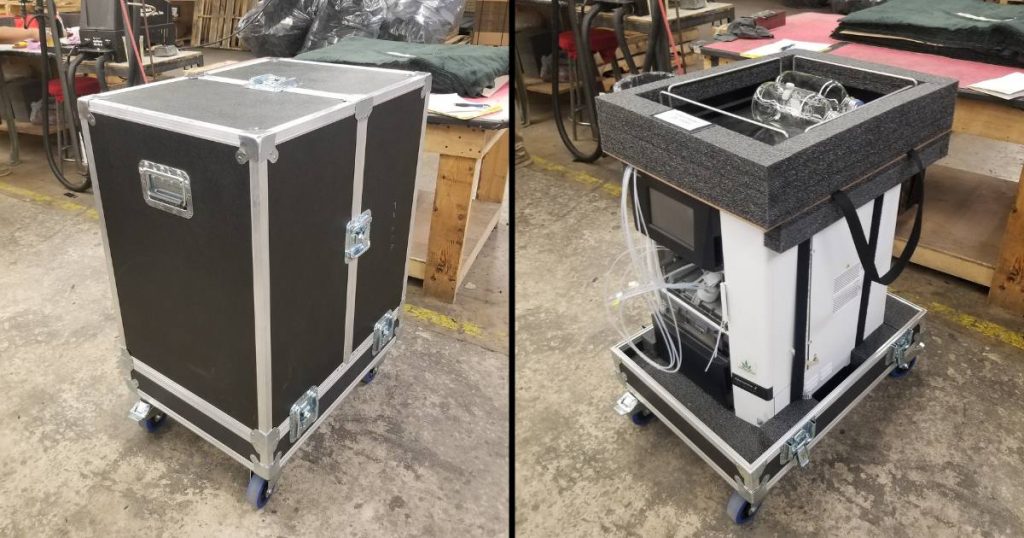 Side-by-side of custom hard case showing black exterior and customized interior construction for medical industry applications including fluid containers and tubing.