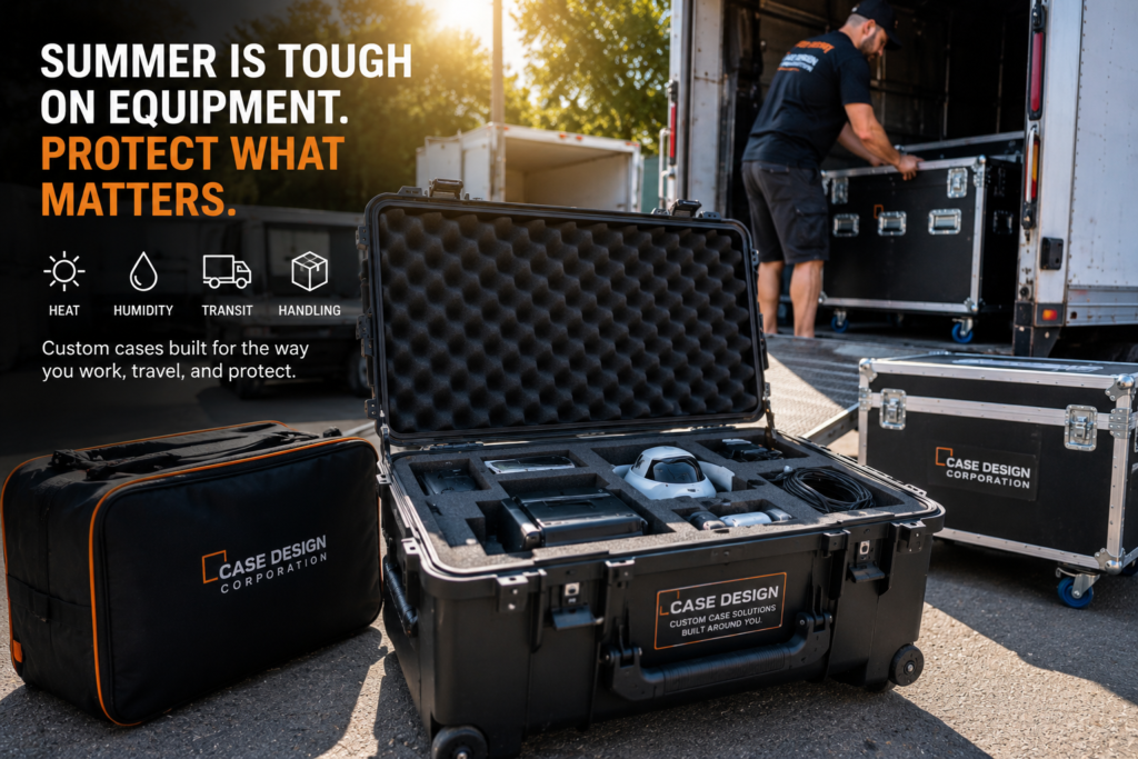 Open custom hard case with foam inserts protecting equipment during summer transport