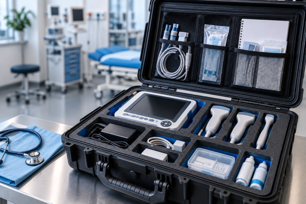 Medical equipment case interior with custom foam compartments